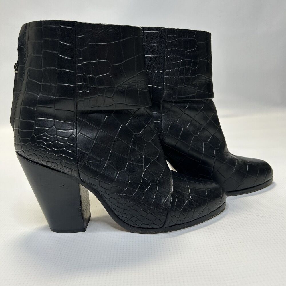 Rag & Bone Womens Newbury Croc Embossed Leather Ankle Booties 5.5 Black Classic